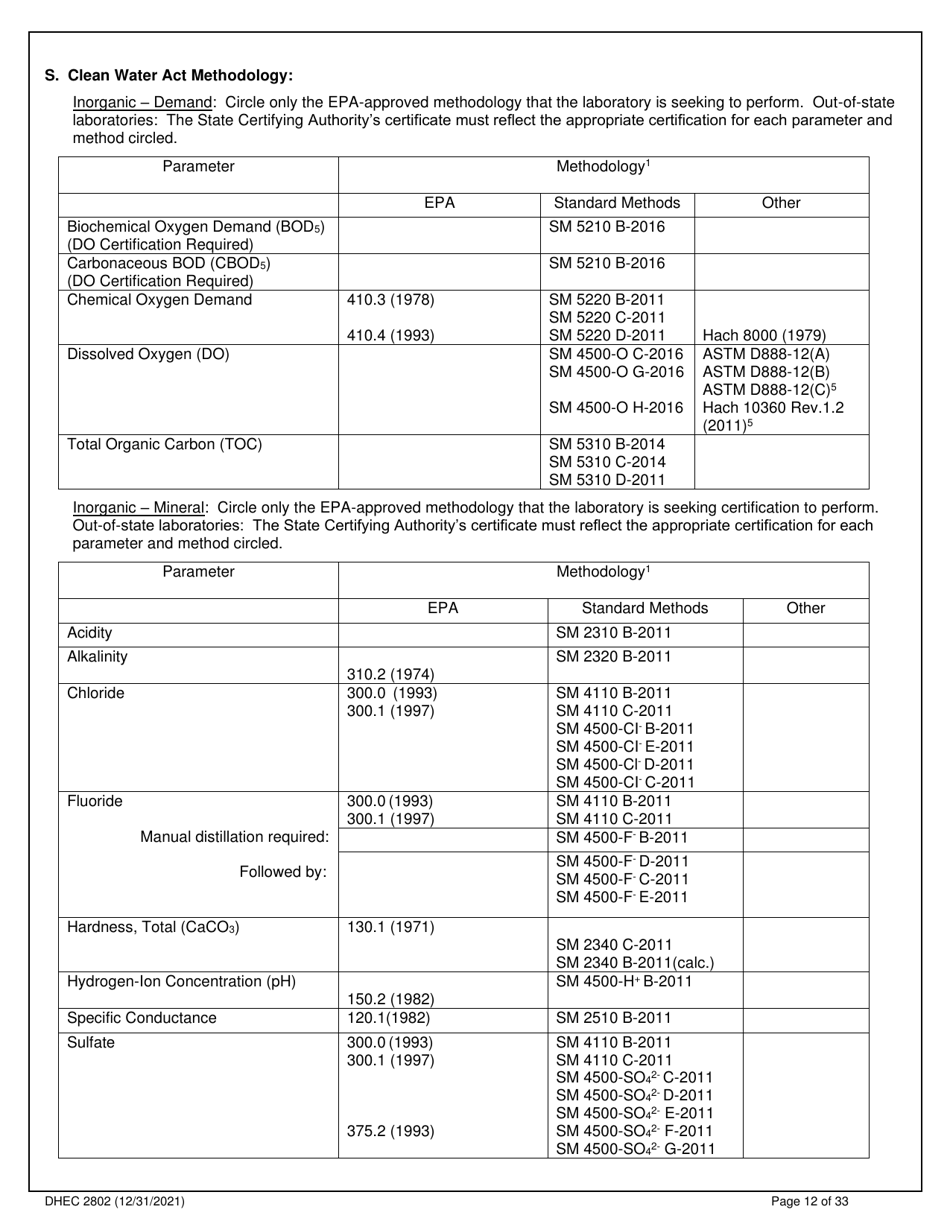 DHEC Form 2802 Application for Environmental Laboratory Certification - South Carolina, Page 12