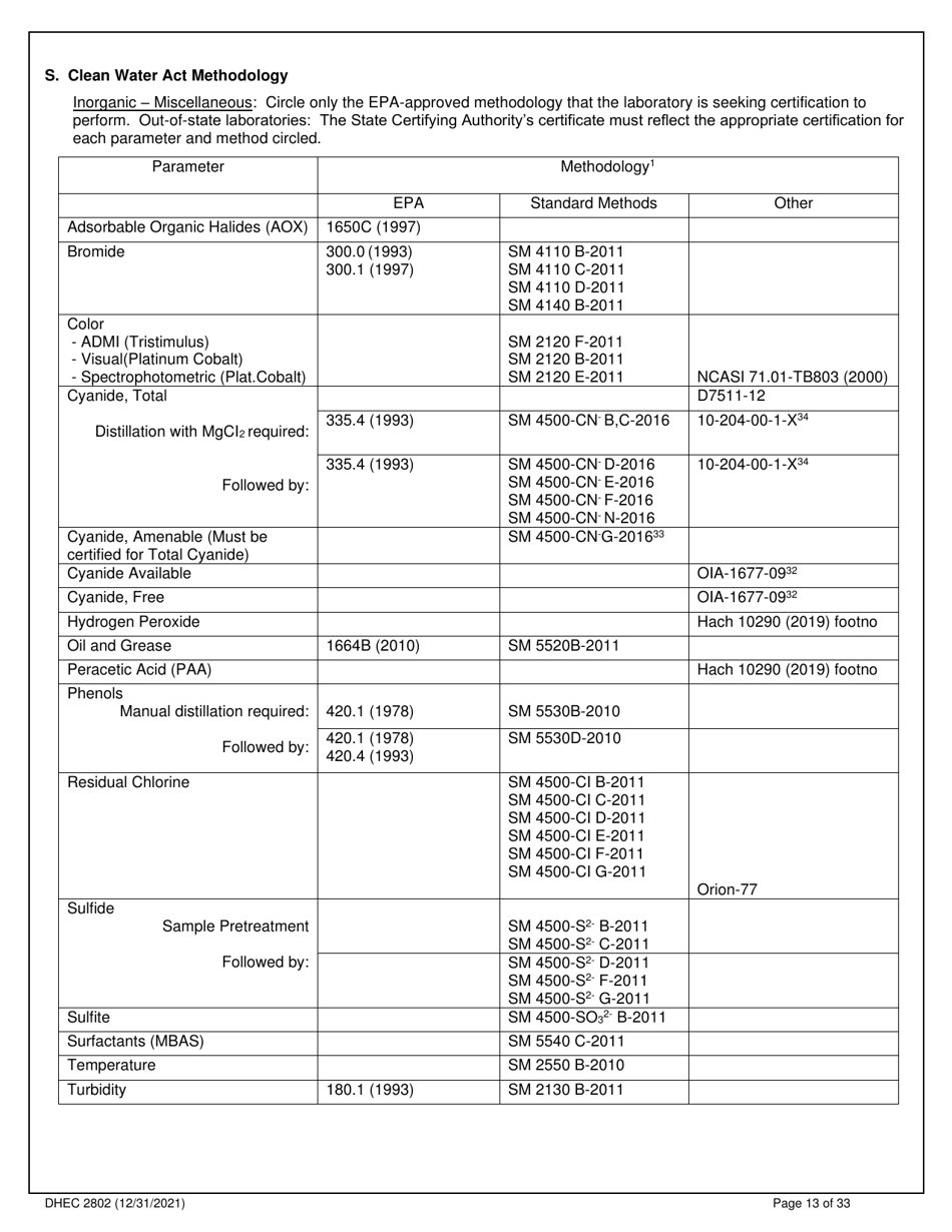 DHEC Form 2802 Application for Environmental Laboratory Certification - South Carolina, Page 13