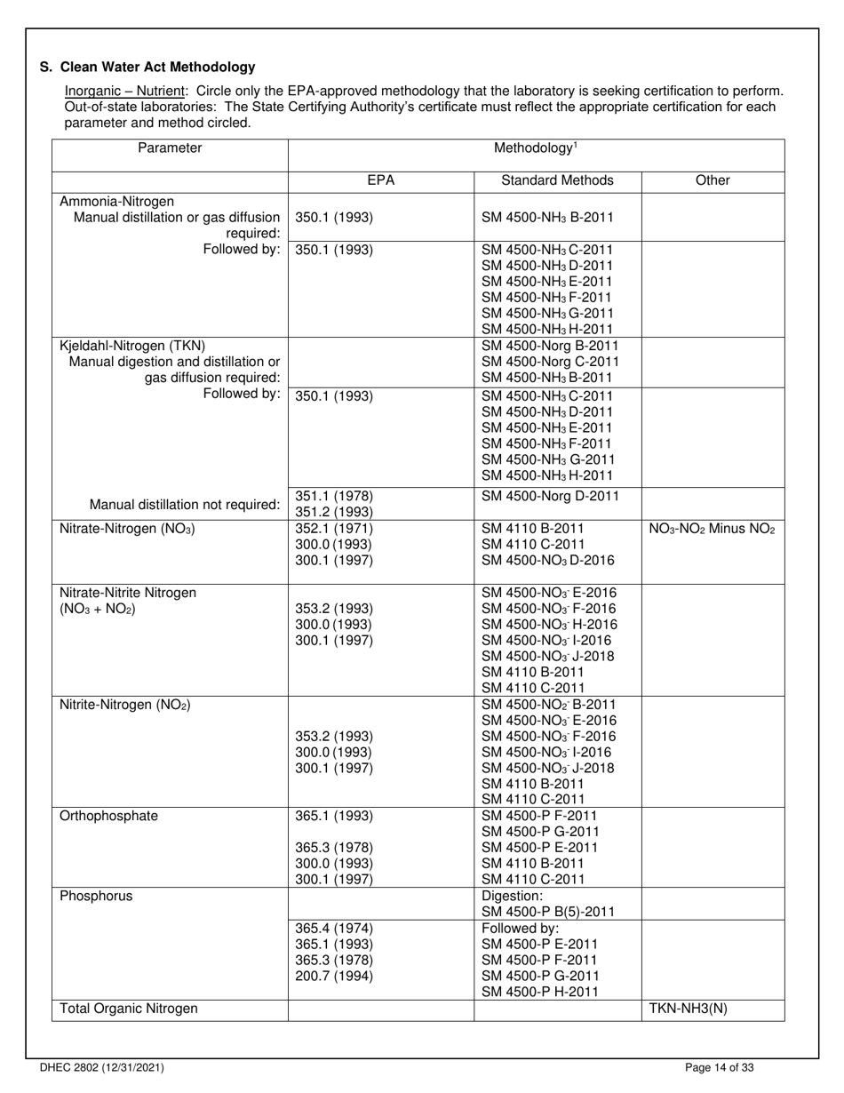 DHEC Form 2802 Application for Environmental Laboratory Certification - South Carolina, Page 14