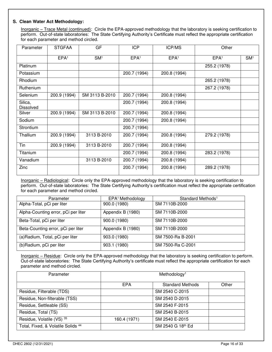 DHEC Form 2802 Application for Environmental Laboratory Certification - South Carolina, Page 16