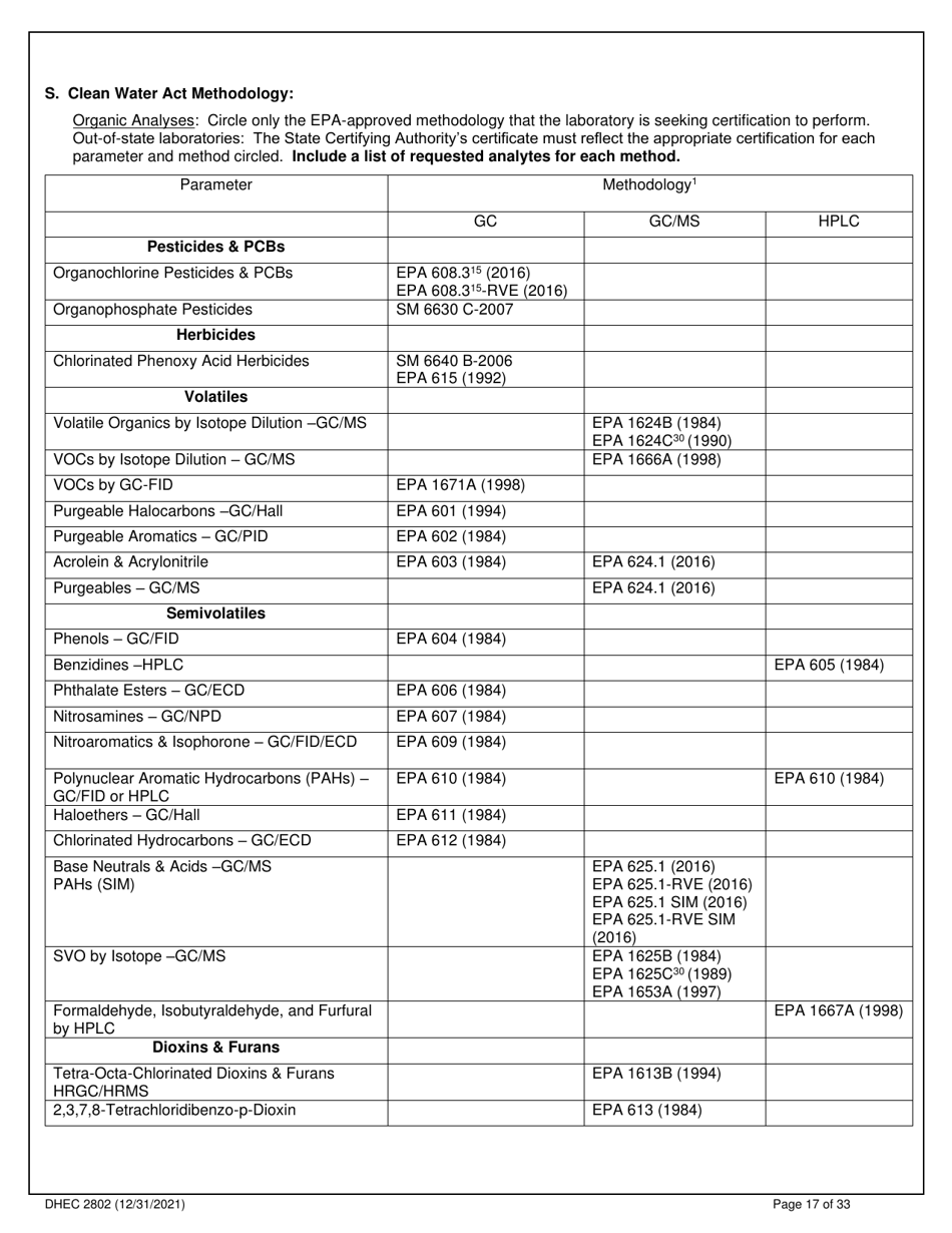 DHEC Form 2802 Application for Environmental Laboratory Certification - South Carolina, Page 17