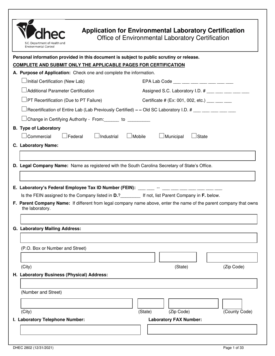 DHEC Form 2802 Application for Environmental Laboratory Certification - South Carolina, Page 1