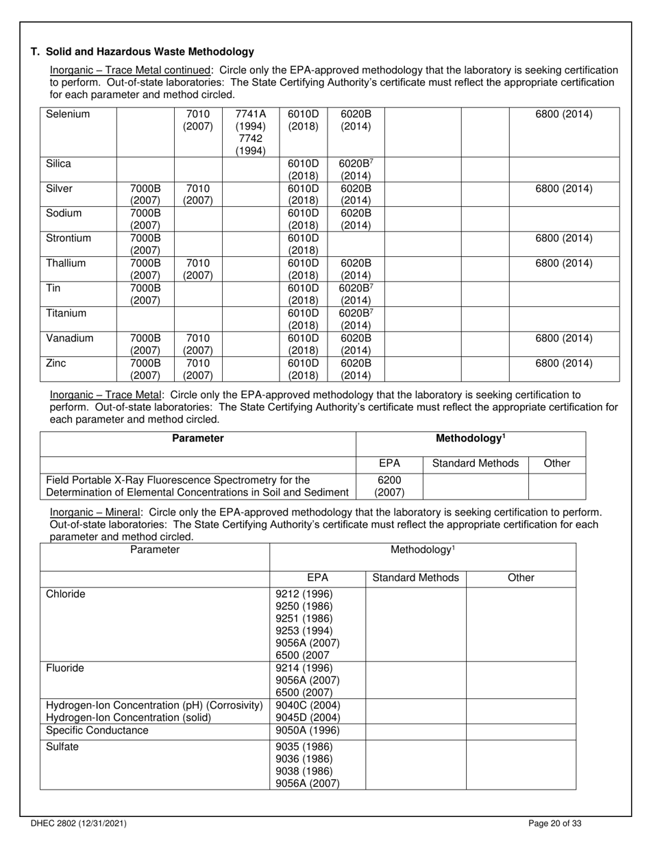 DHEC Form 2802 Application for Environmental Laboratory Certification - South Carolina, Page 20