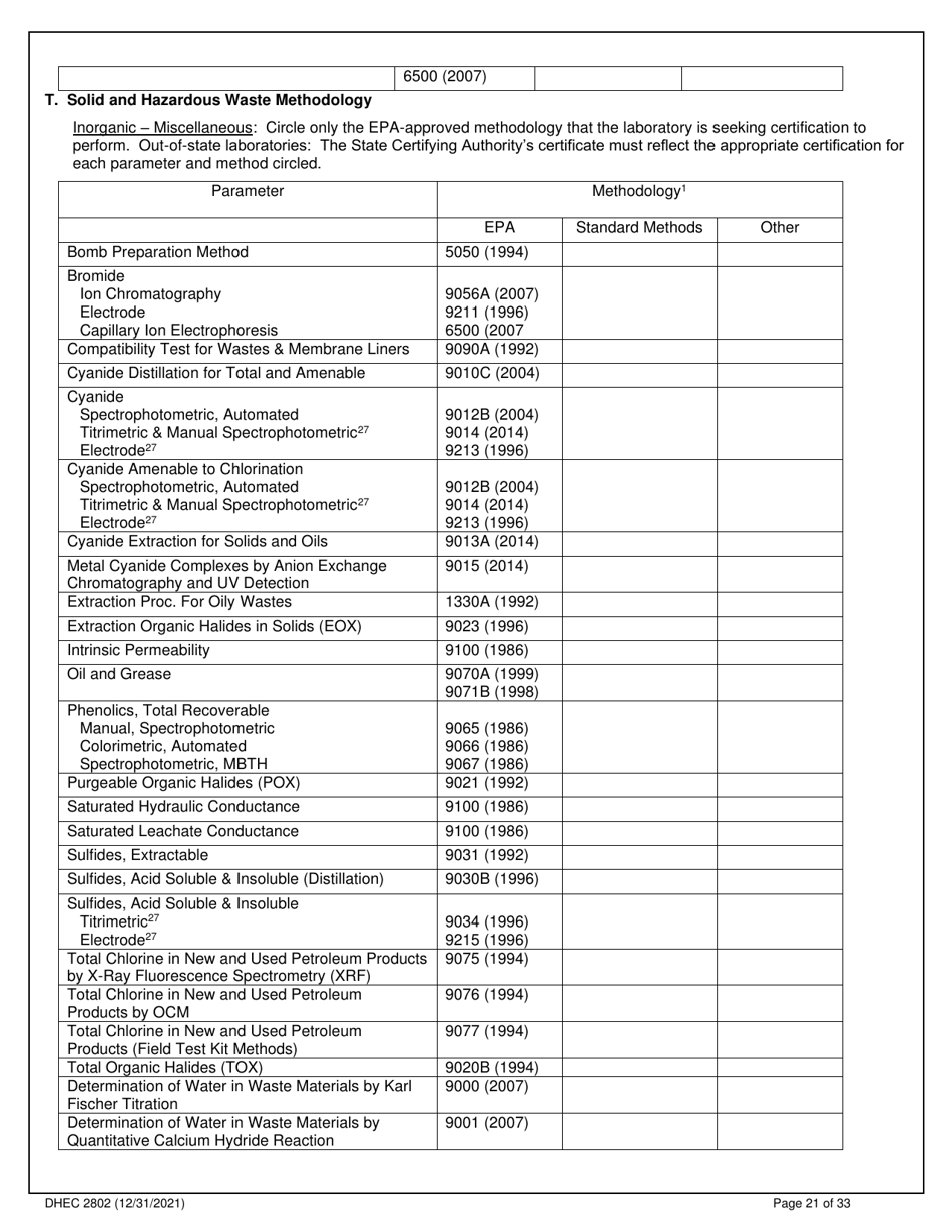DHEC Form 2802 Application for Environmental Laboratory Certification - South Carolina, Page 21