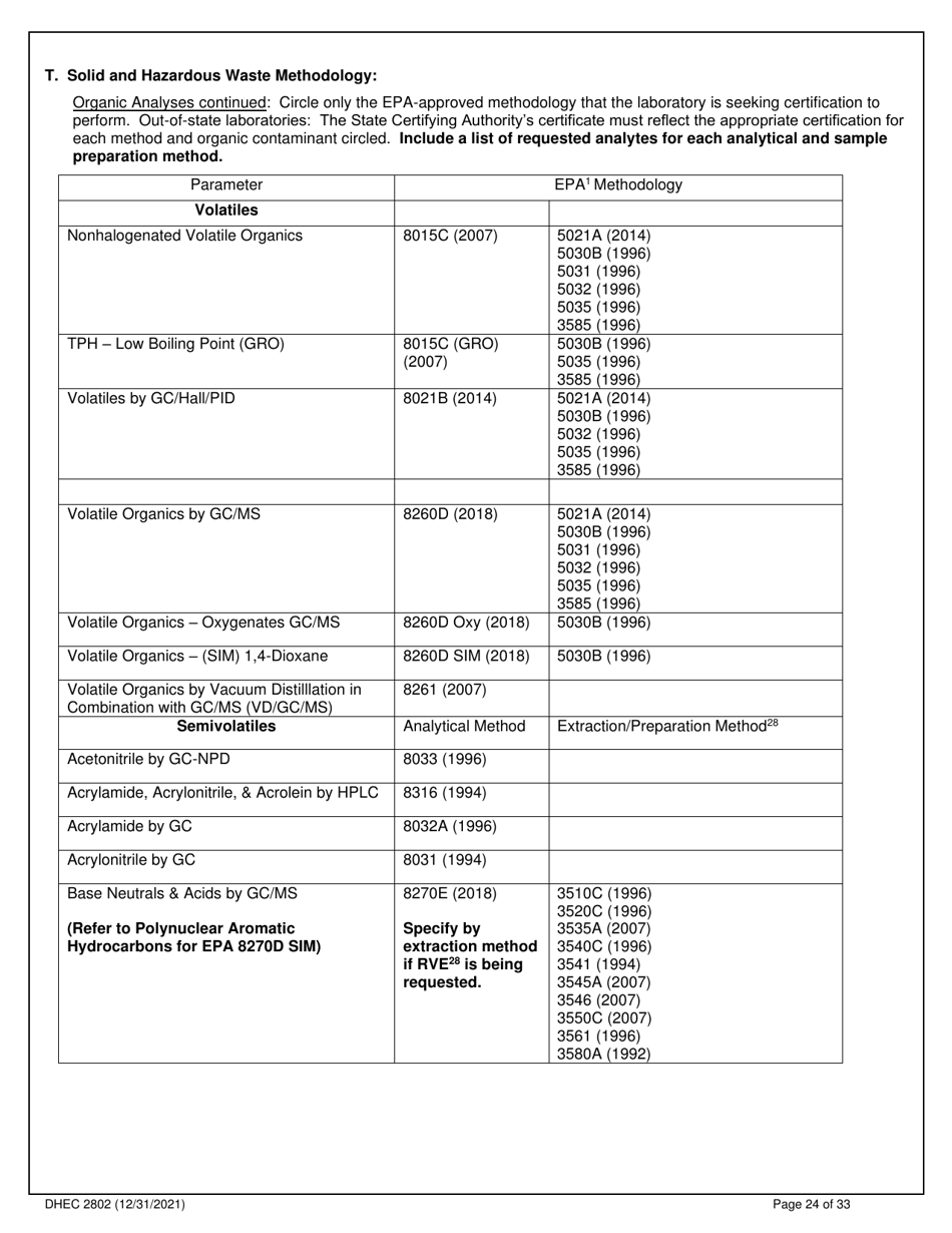 DHEC Form 2802 Application for Environmental Laboratory Certification - South Carolina, Page 24