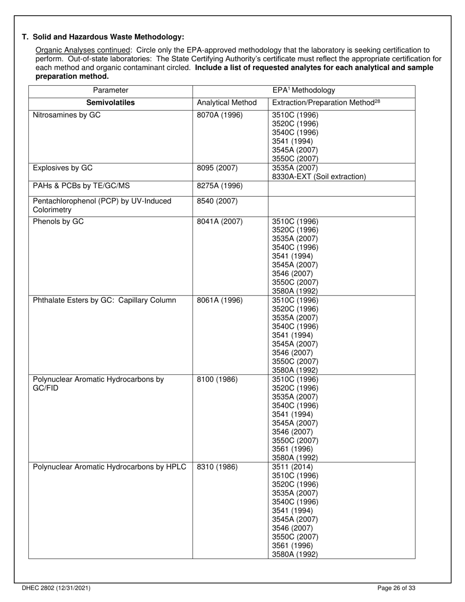 DHEC Form 2802 Application for Environmental Laboratory Certification - South Carolina, Page 26