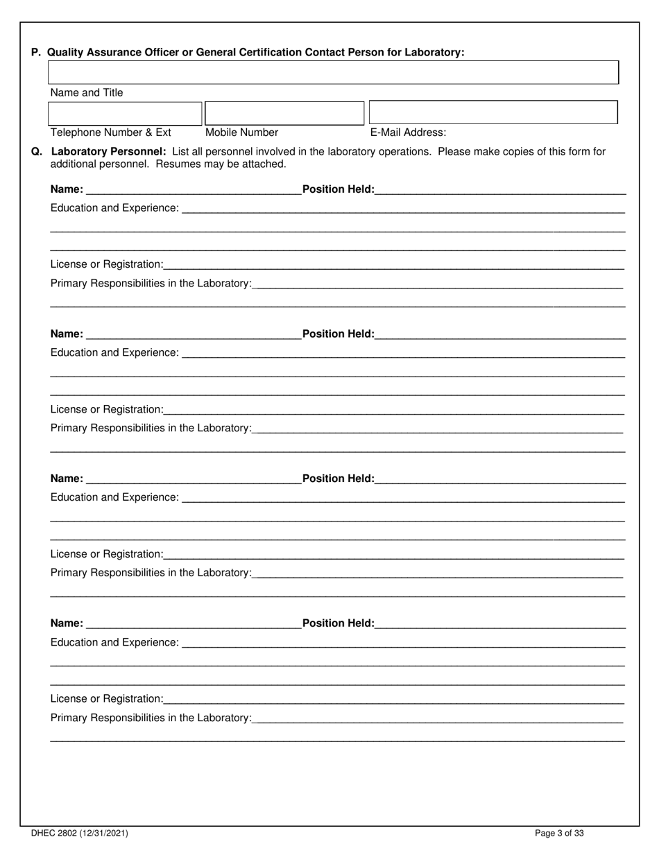 DHEC Form 2802 Application for Environmental Laboratory Certification - South Carolina, Page 3