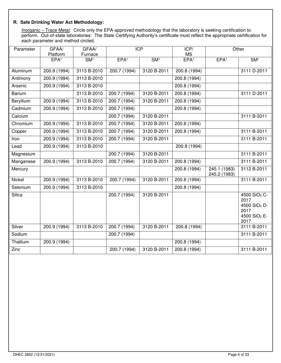 DHEC Form 2802 Application for Environmental Laboratory Certification - South Carolina, Page 6