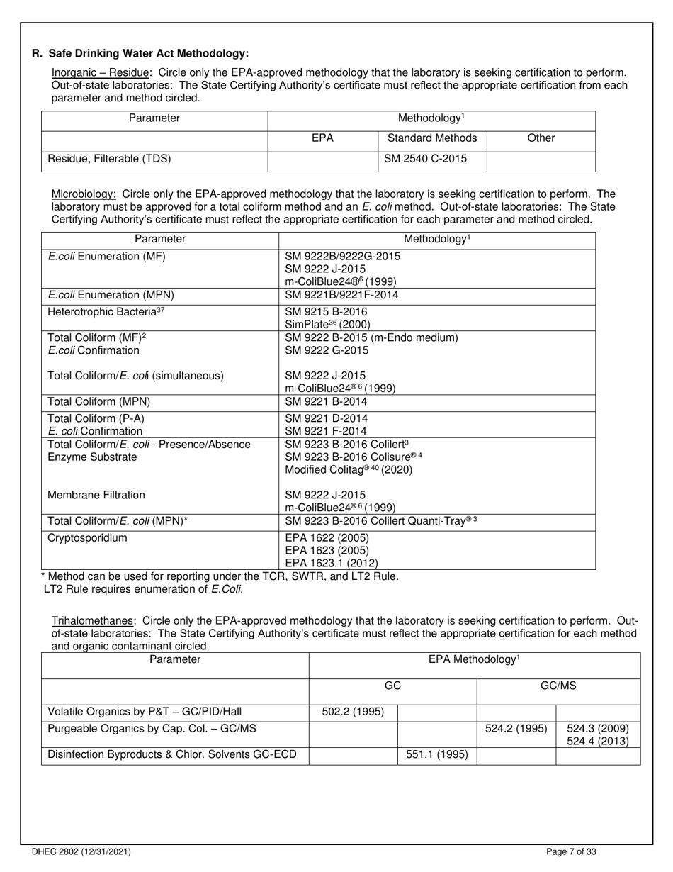 DHEC Form 2802 Application for Environmental Laboratory Certification - South Carolina, Page 7