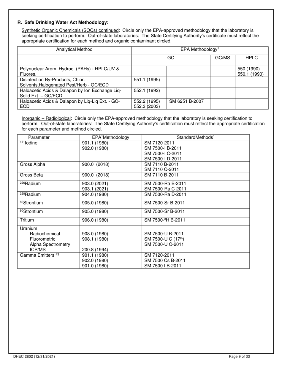 DHEC Form 2802 Application for Environmental Laboratory Certification - South Carolina, Page 9