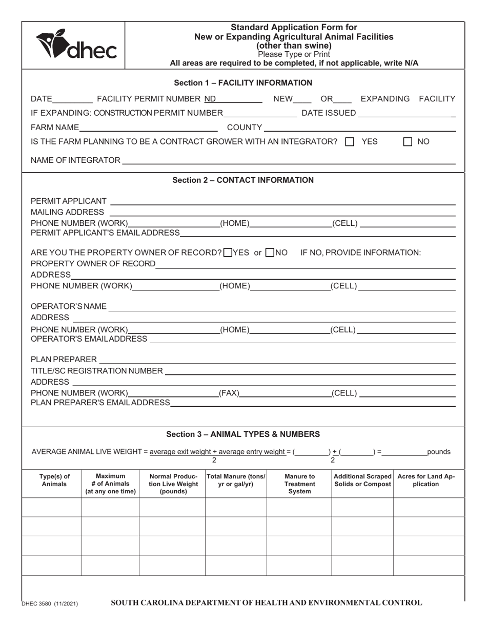 DHEC Form 3580 Standard Application Form for New or Expanding Agricultural Animal Facilities (Other Than Swine) - South Carolina, Page 1