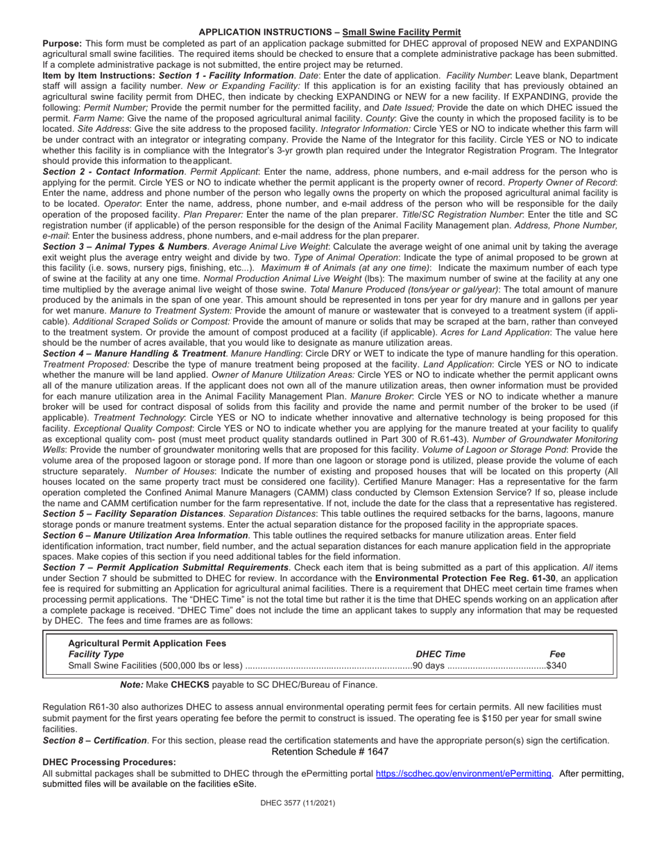 DHEC Form 3577 Standard Application Form for New or Expanding Small Swine Facilities (500,000 Lbs or Less Normal Production Live Weight) - South Carolina, Page 4