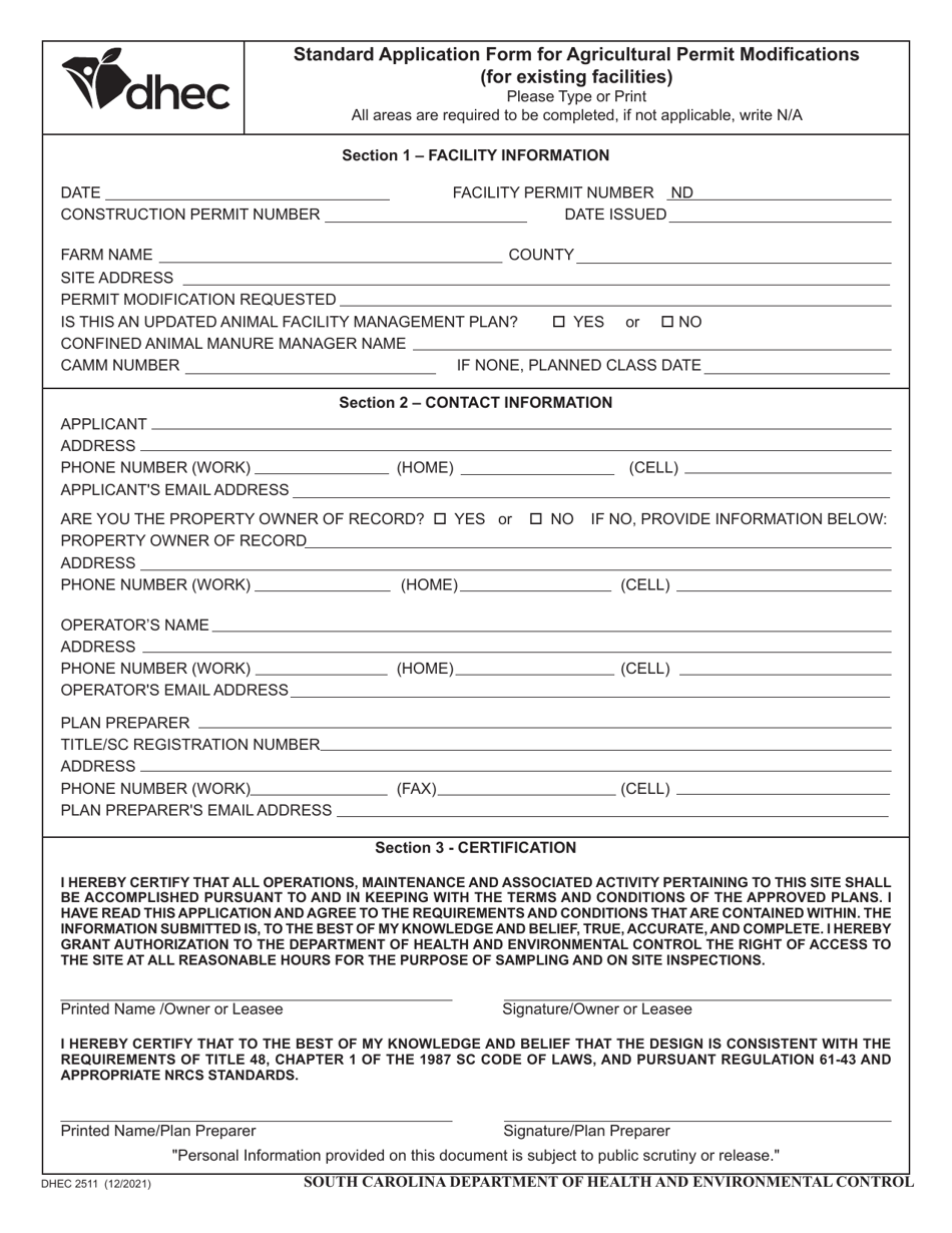 DHEC Form 2511 Standard Application Form for Agricultural Permit Modifications (For Existing Facilities) - South Carolina, Page 1