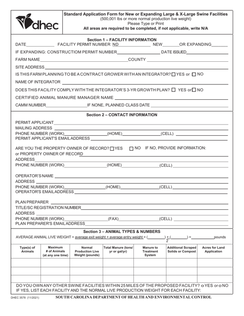 DHEC Form 3578 Standard Application Form for New or Expanding Large & X-Large Swine Facilities (500,001 Lbs or More Normal Production Live Weight) - South Carolina
