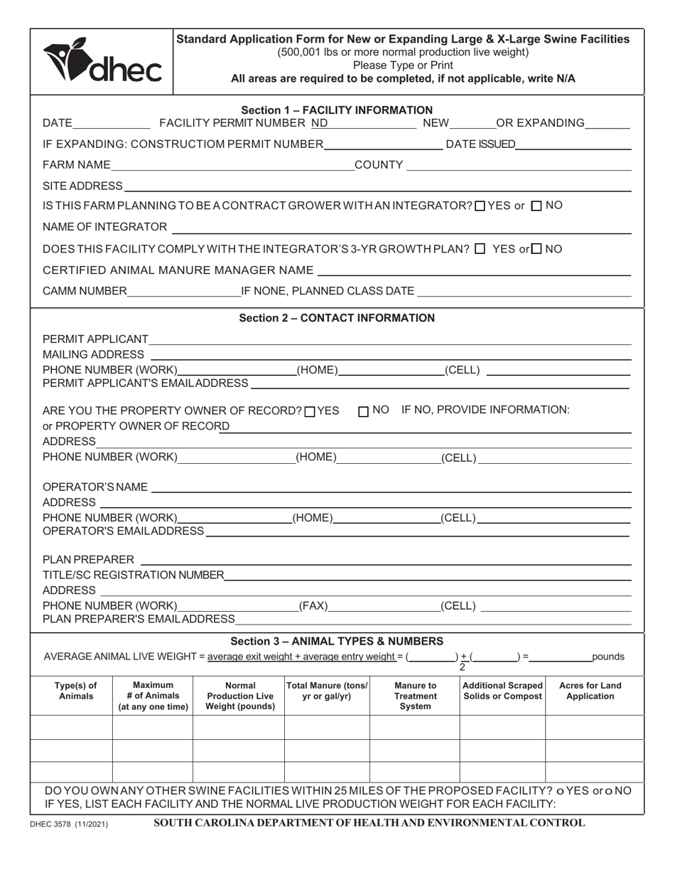 DHEC Form 3578 Standard Application Form for New or Expanding Large  X-Large Swine Facilities (500,001 Lbs or More Normal Production Live Weight) - South Carolina, Page 1