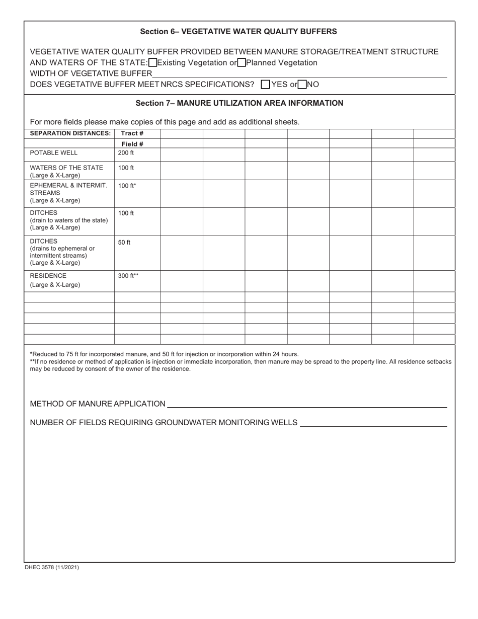 DHEC Form 3578 Standard Application Form for New or Expanding Large  X-Large Swine Facilities (500,001 Lbs or More Normal Production Live Weight) - South Carolina, Page 3