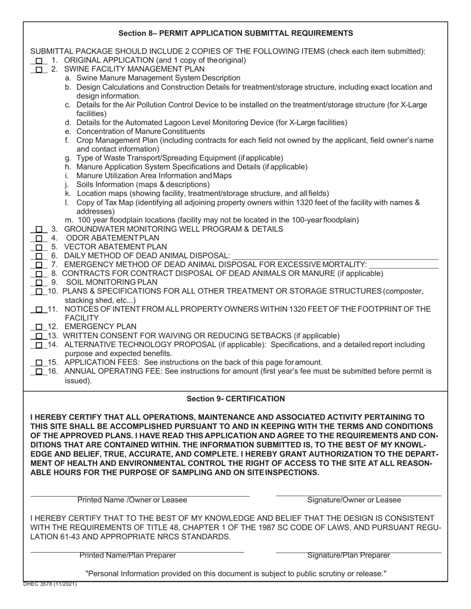DHEC Form 3578 Standard Application Form for New or Expanding Large  X-Large Swine Facilities (500,001 Lbs or More Normal Production Live Weight) - South Carolina, Page 4