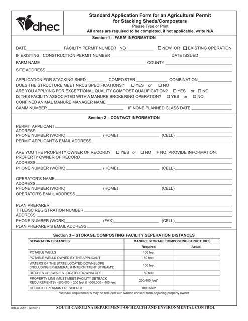 DHEC Form 2512 Standard Application Form for an Agricultural Permit for Stacking Sheds/Composters - South Carolina