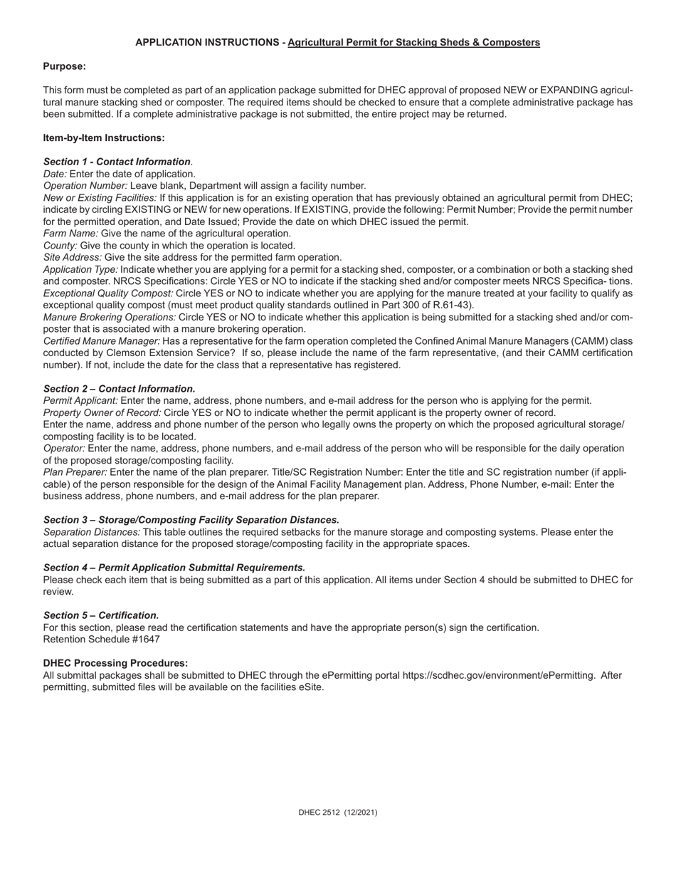 DHEC Form 2512 Standard Application Form for an Agricultural Permit for Stacking Sheds / Composters - South Carolina, Page 3