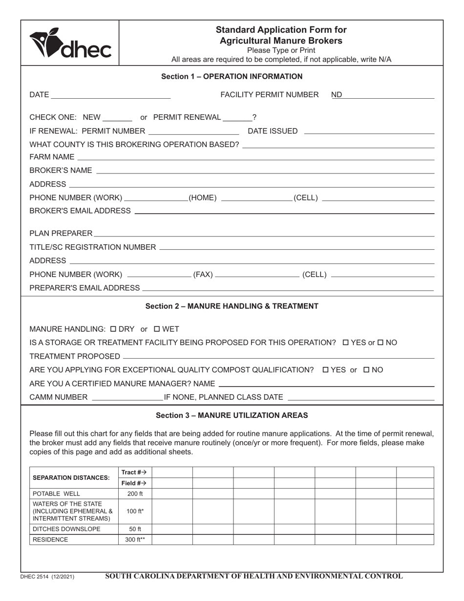 DHEC Form 2514 Standard Application Form for Agricultural Manure Brokers - South Carolina, Page 1