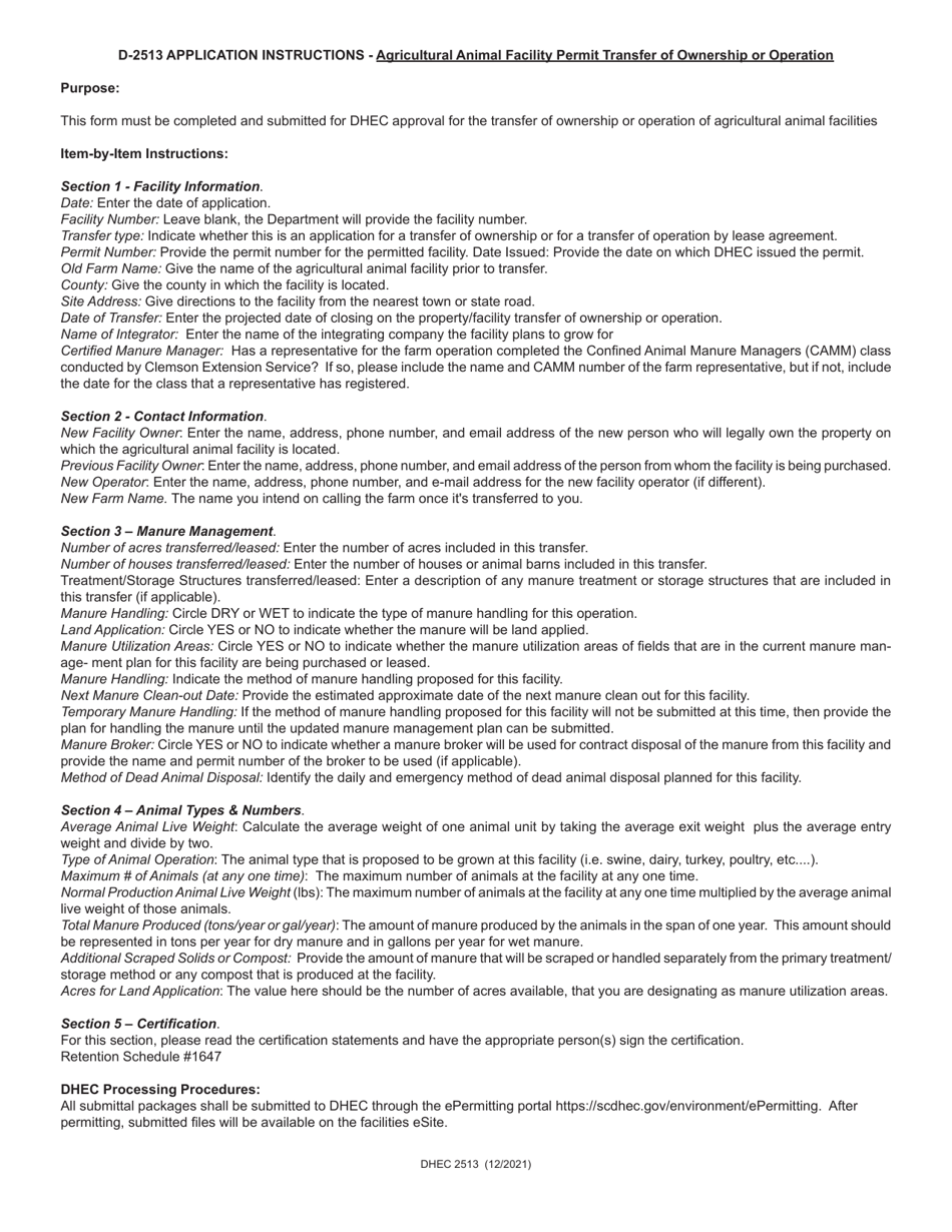 DHEC Form 2513 Standard Application Form for Agricultural Permit Transfer of Ownership or Operation - South Carolina, Page 3