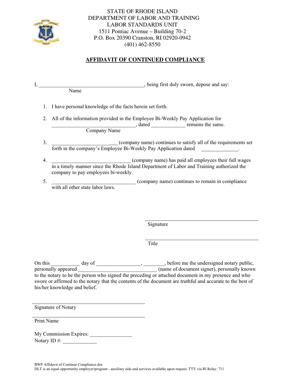 Affidavit of Continued Compliance - Rhode Island, Page 1