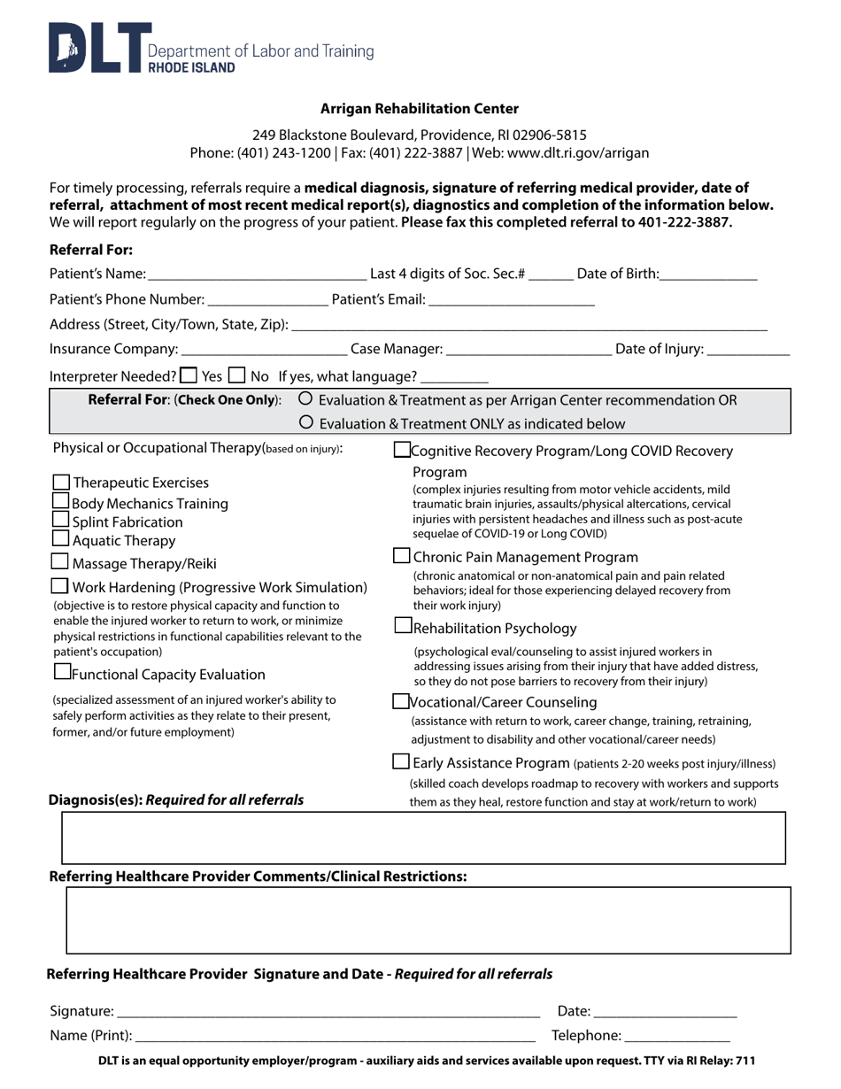 Physician Referal Form - Arrigan Rehabilitation Center - South Carolina, Page 1