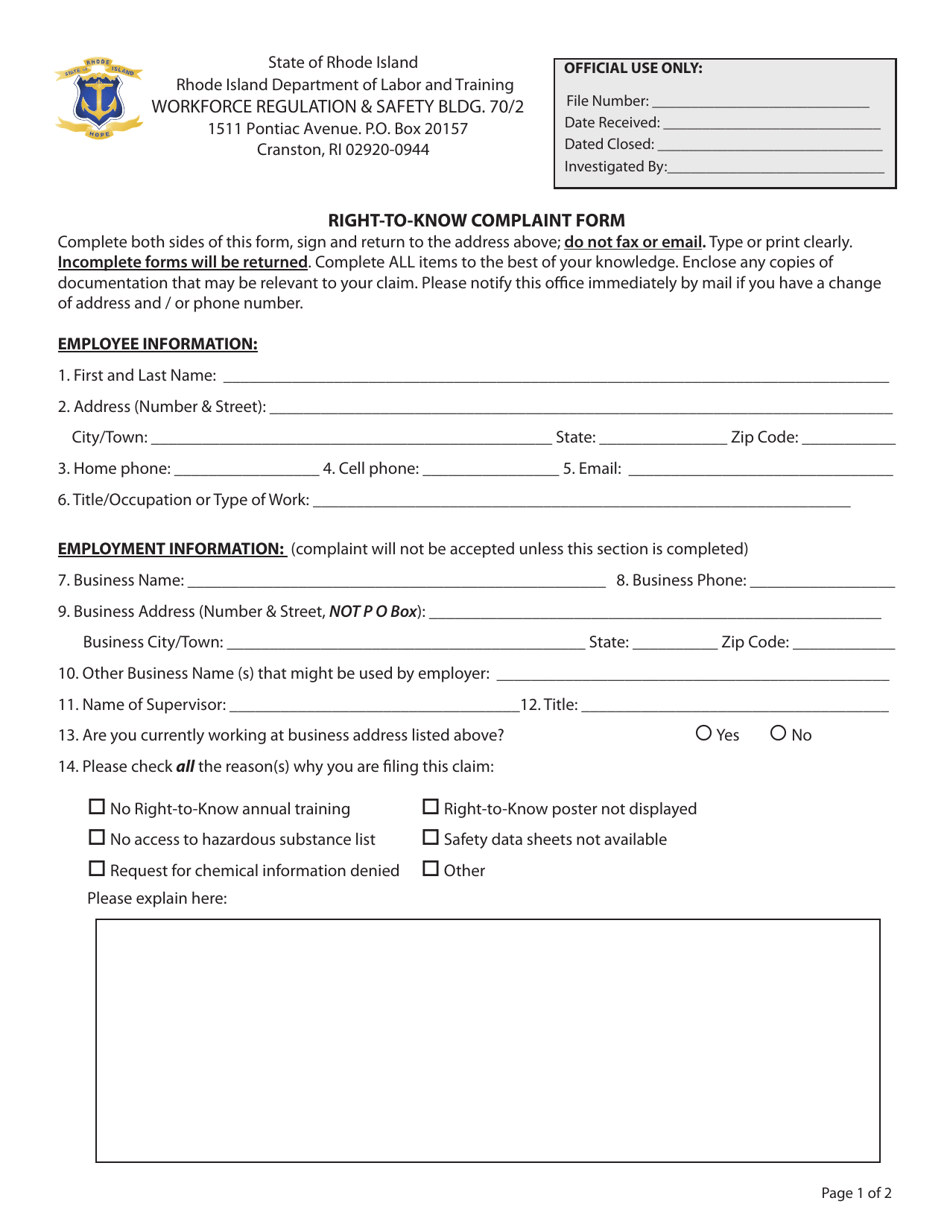 Right-To-Know Complaint Form - Rhode Island, Page 1