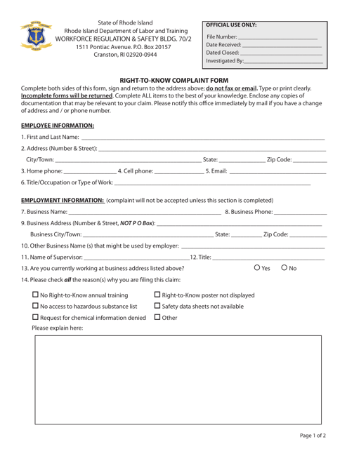 Right-To-Know Complaint Form - Rhode Island Download Pdf