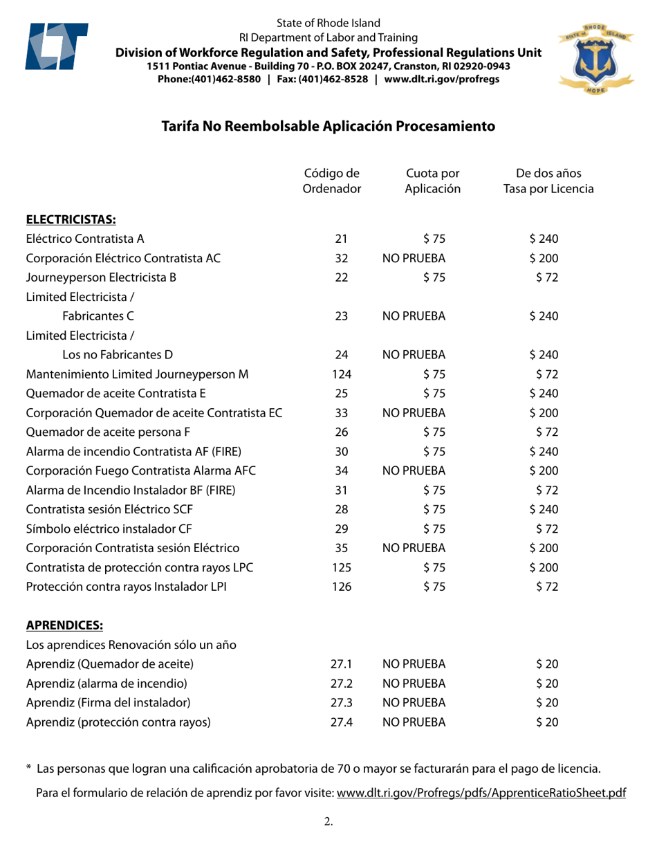 Electricistas - Solicitud De Examen Y Aprendizaje - Rhode Island (Spanish), Page 2