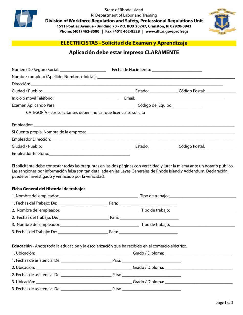 Electricistas - Solicitud De Examen Y Aprendizaje - Rhode Island (Spanish), Page 3