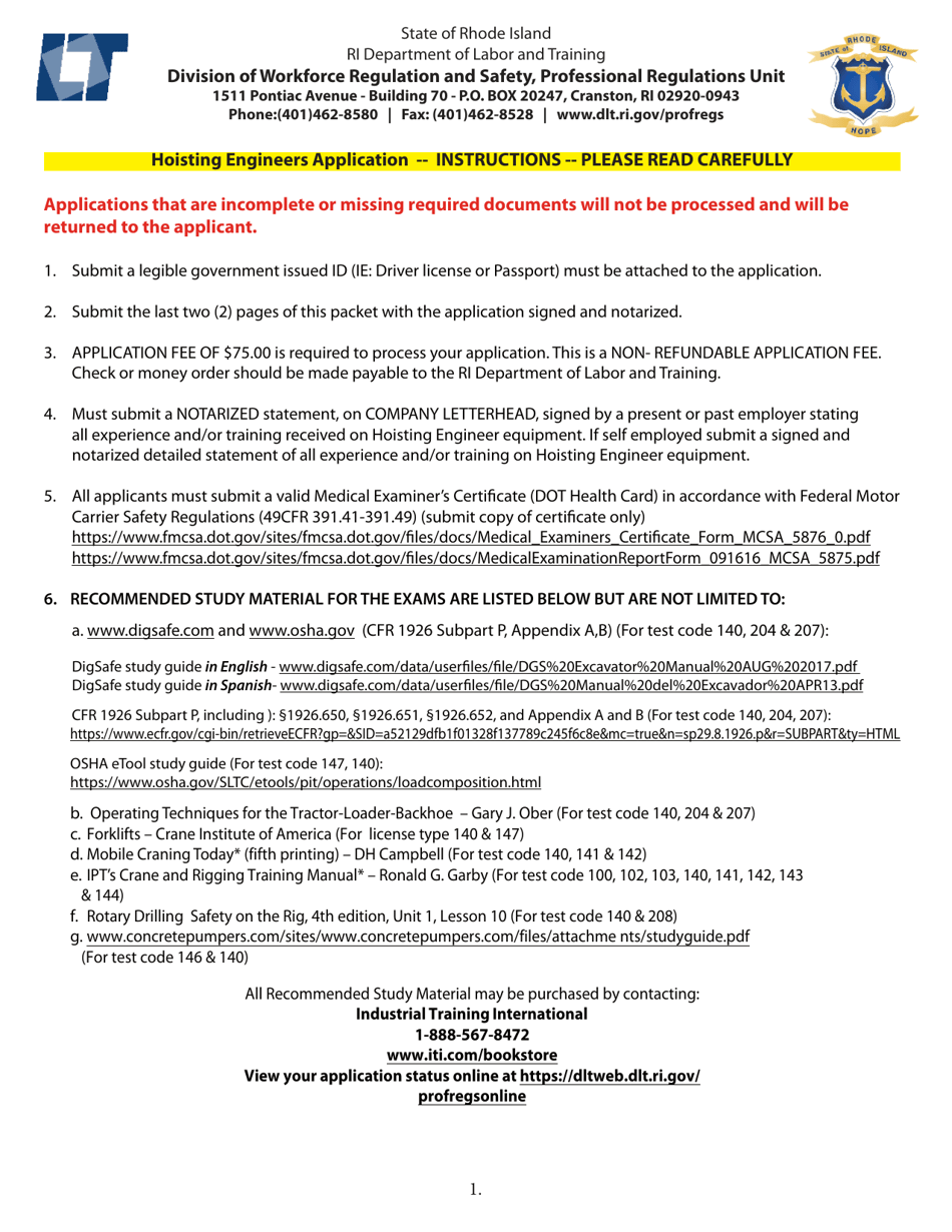 Rhode Island Hoisting Engineers Application for Examination Fill