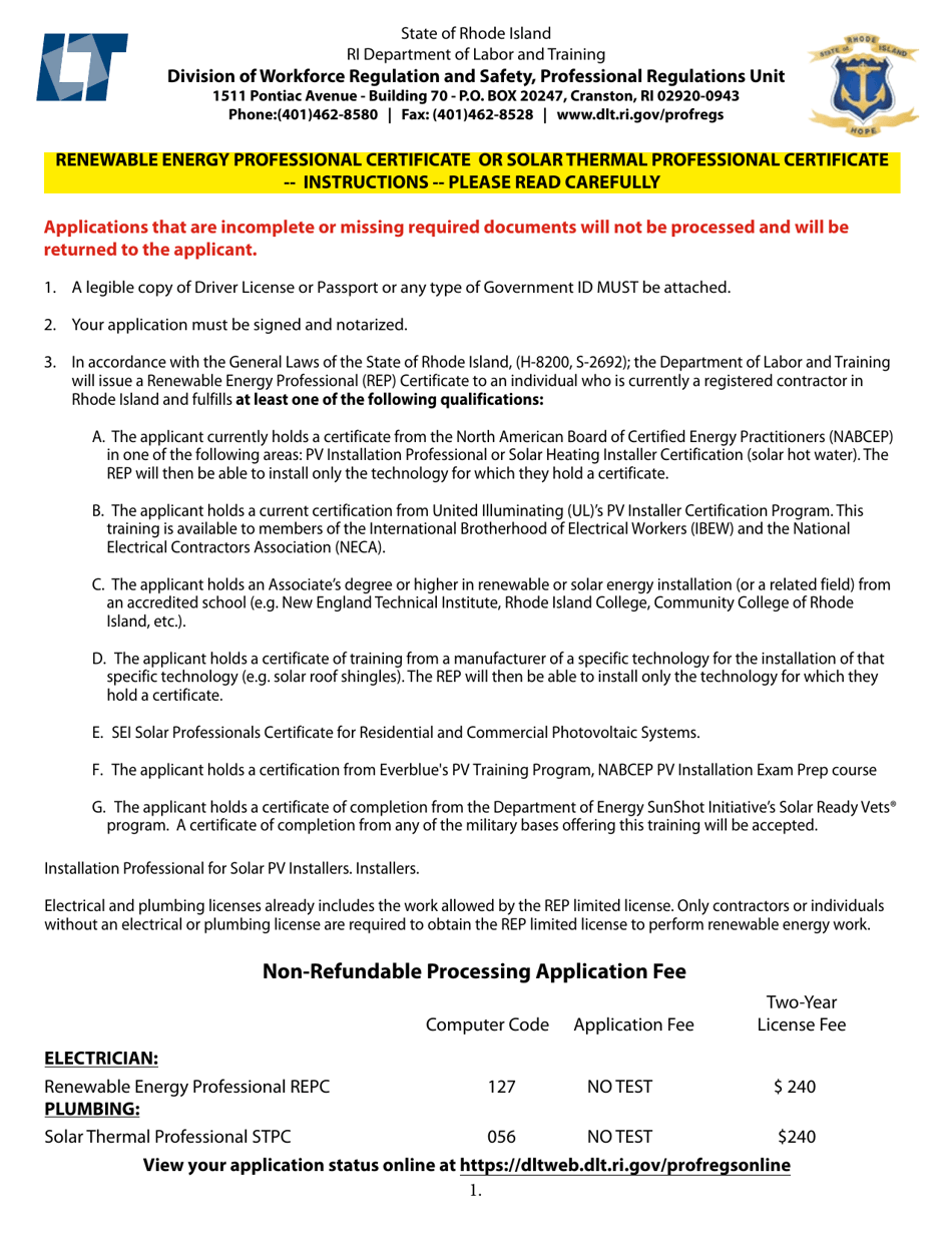 Application for Renewable Energy Professional Certificate and Solar Thermal Professional Certificate - Rhode Island, Page 1