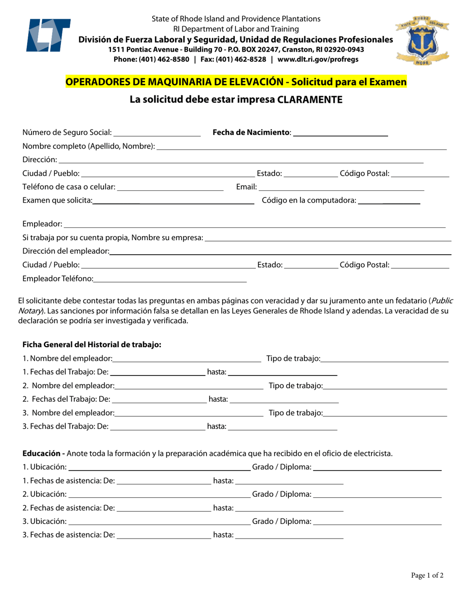 Operadores De Maquinaria De Elevacion - Solicitud Para El Examen - Rhode Island (Spanish), Page 7