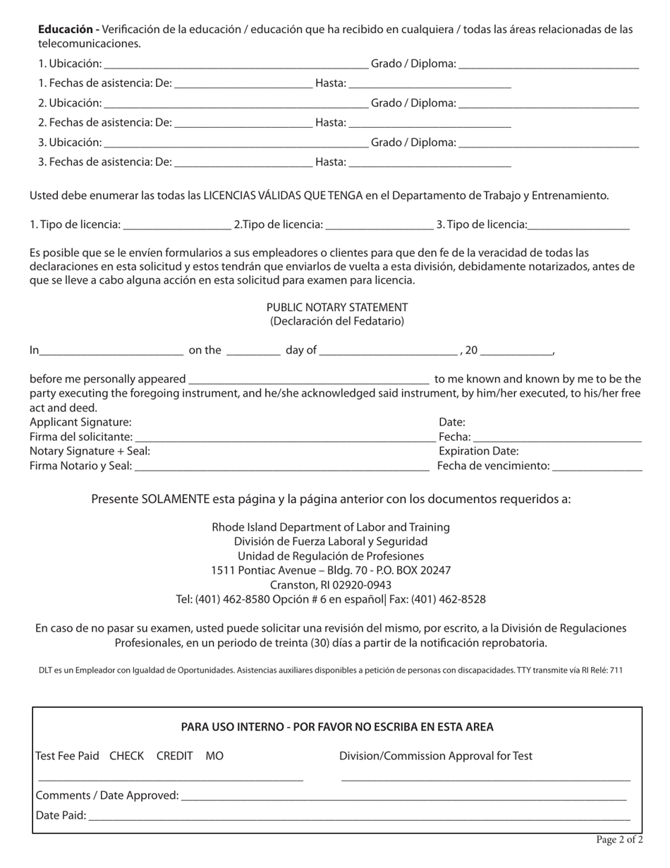 Telecomunicaciones - Solicitud Para Examen Y Aprendices - Rhode Island (Spanish), Page 4