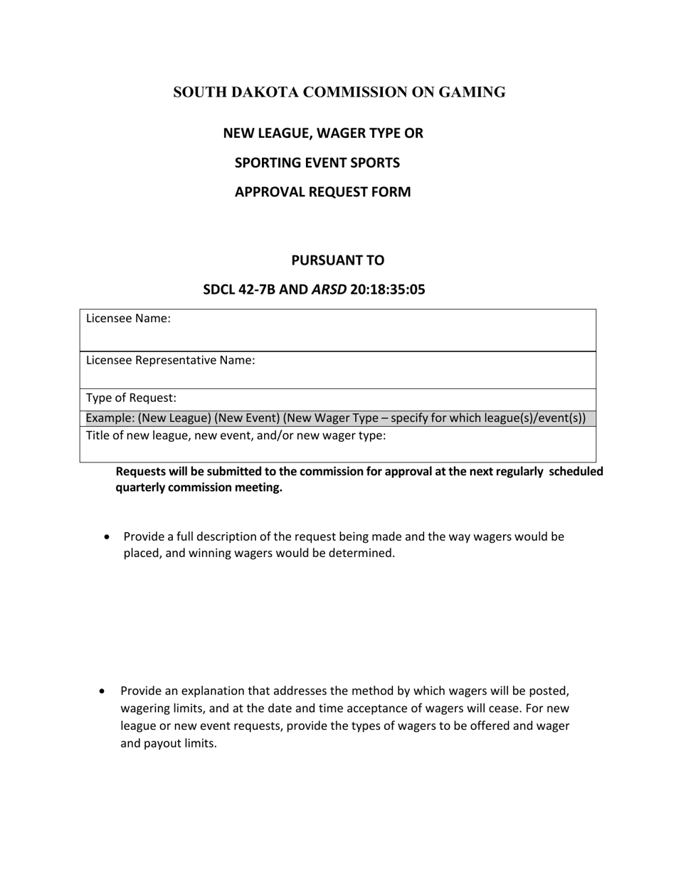 New League, Wager Type or Sporting Event Sports Approval Request Form - South Dakota, Page 1