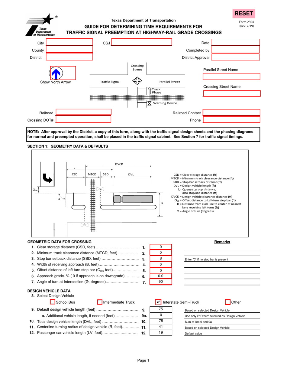 Form 2304 Guide for Determining Time Requirements for Traffic Signal Preemption at Highway-Rail Grade Crossings - Texas, Page 1