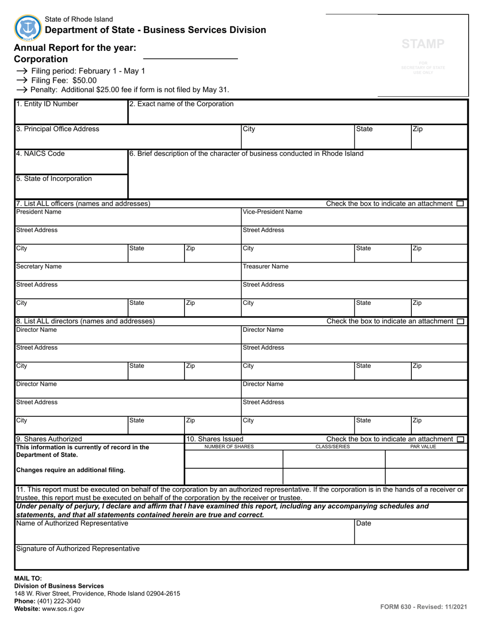 Form 630 Download Fillable PDF or Fill Online Annual Report for a ...