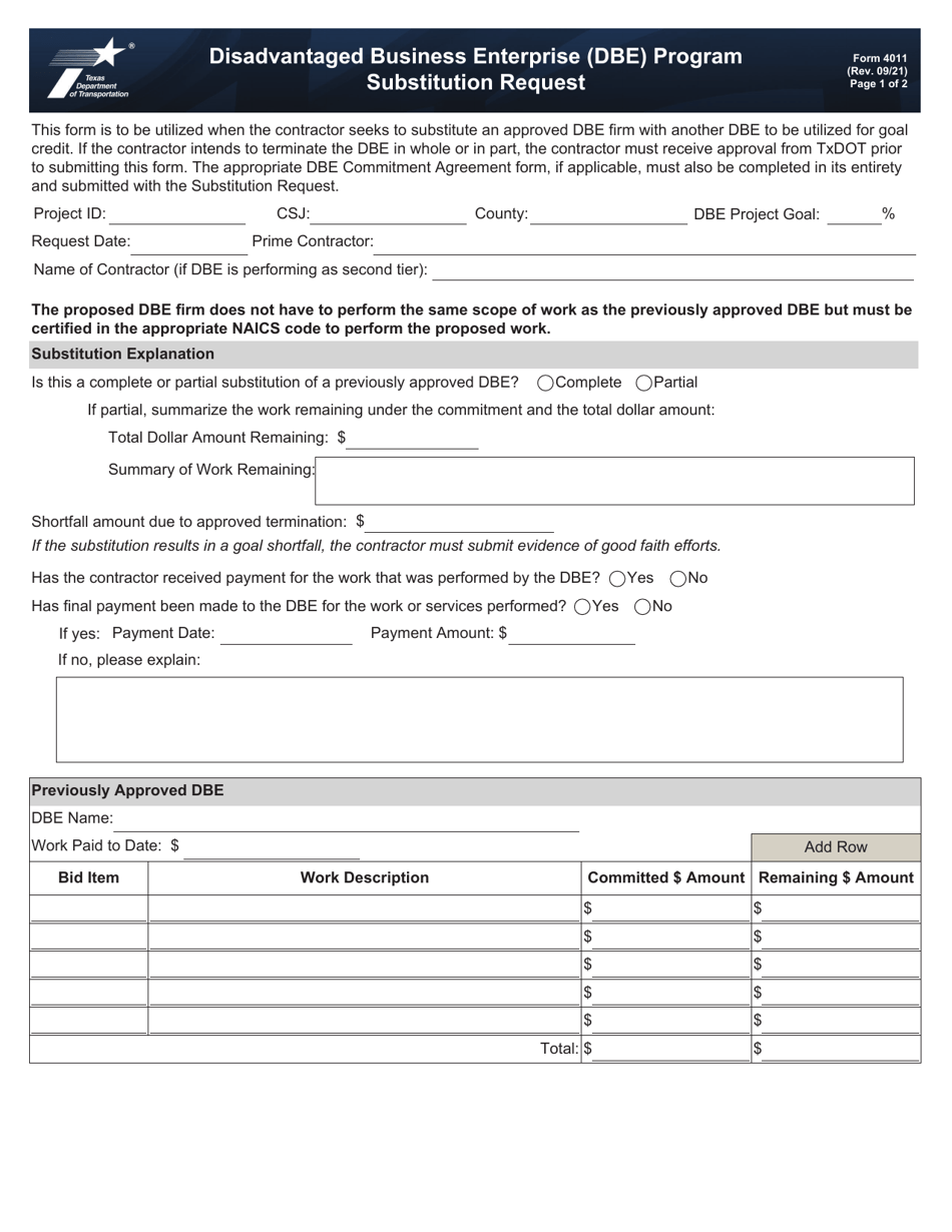 Form 4011 Substitution Request - Disadvantaged Business Enterprise (Dbe) Program - Texas, Page 1