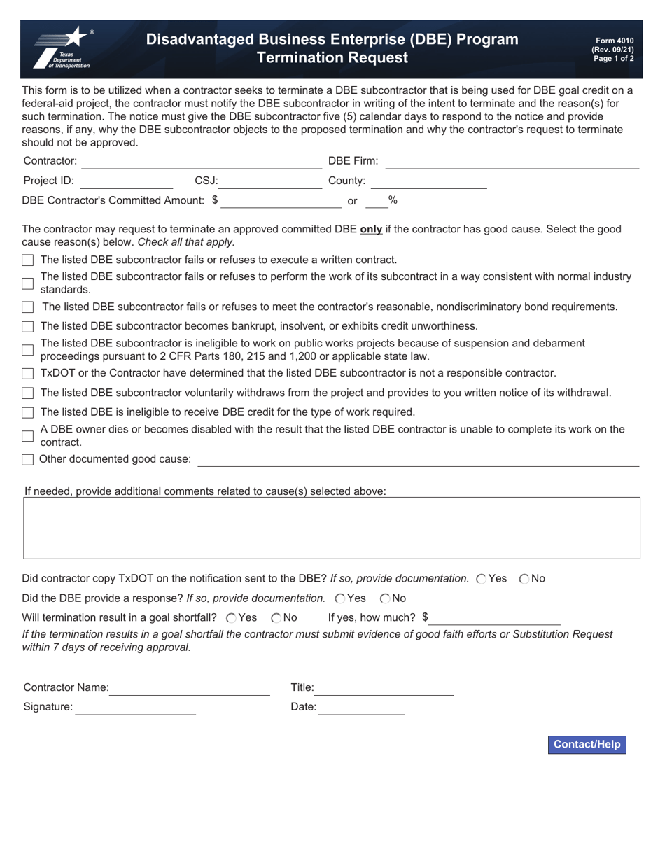 Form 4010 Termination Request - Disadvantaged Business Enterprise (Dbe) Program - Texas, Page 1