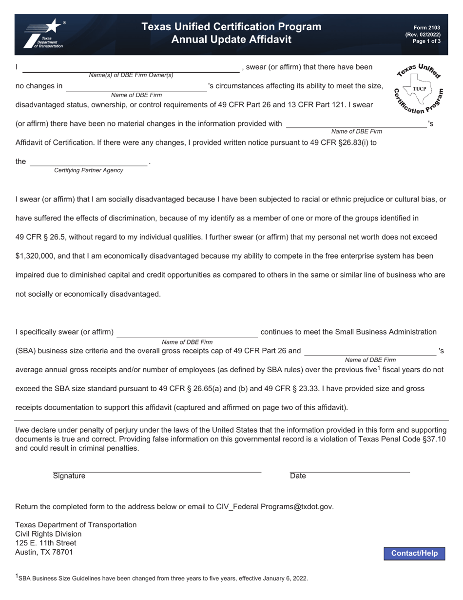 Form 2103 Annual Update Affidavit - Texas Unified Certification Program - Texas, Page 1