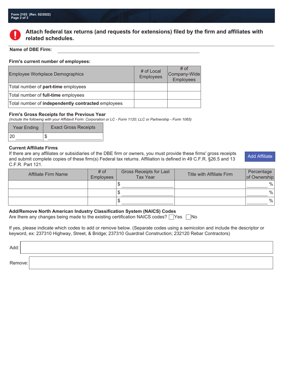 Form 2103 Annual Update Affidavit - Texas Unified Certification Program - Texas, Page 2