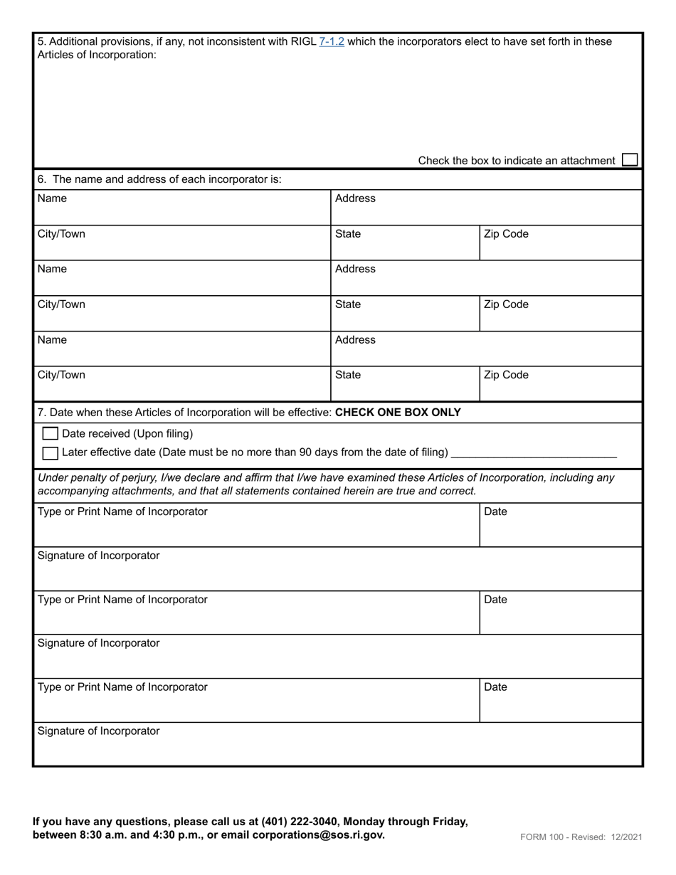 Form 100 Articles of Incorporation for a Domestic Business Corporation - Rhode Island, Page 3