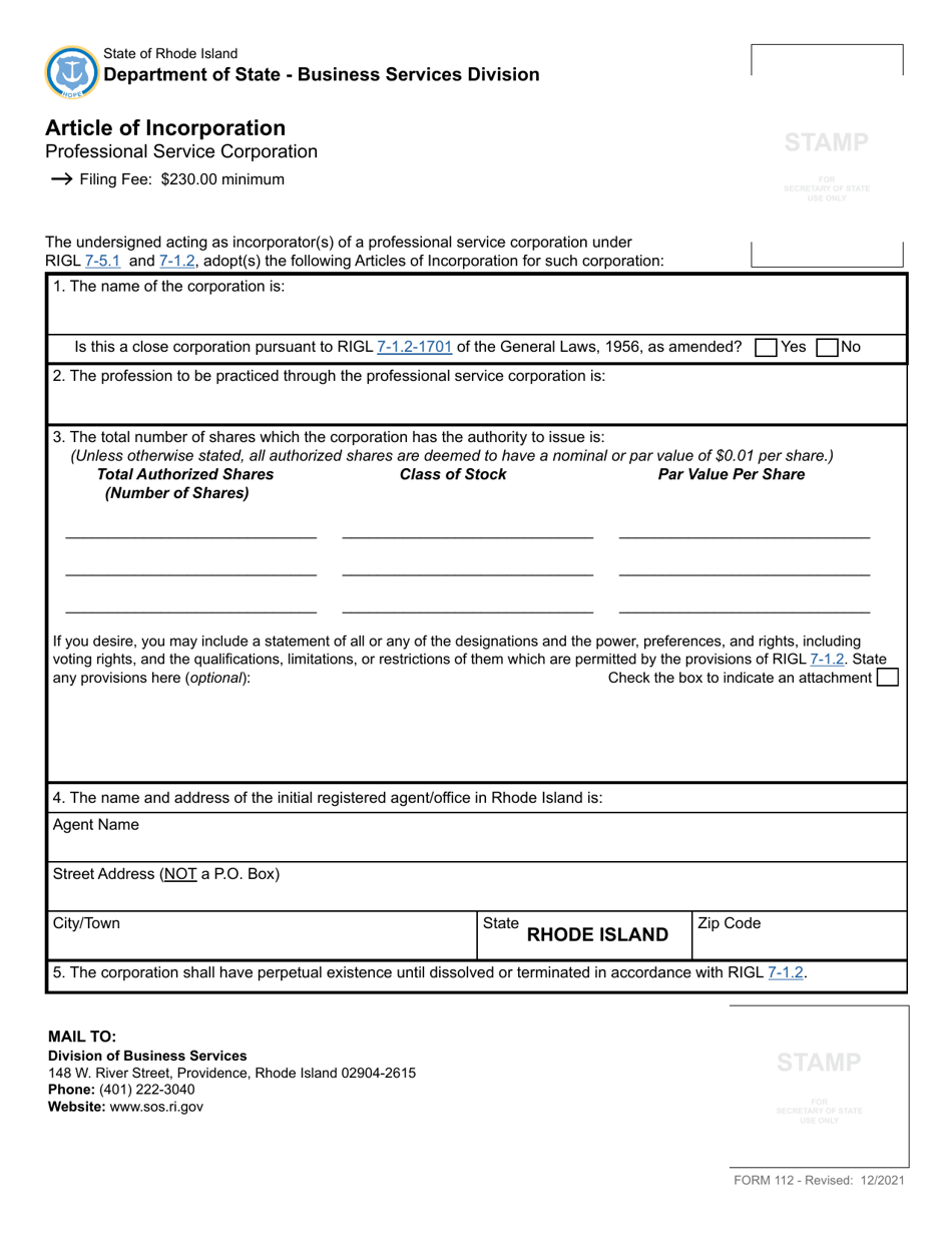 Form 112 Articles of Incorporation for a Domestic Professional Service Corporation - Rhode Island, Page 3