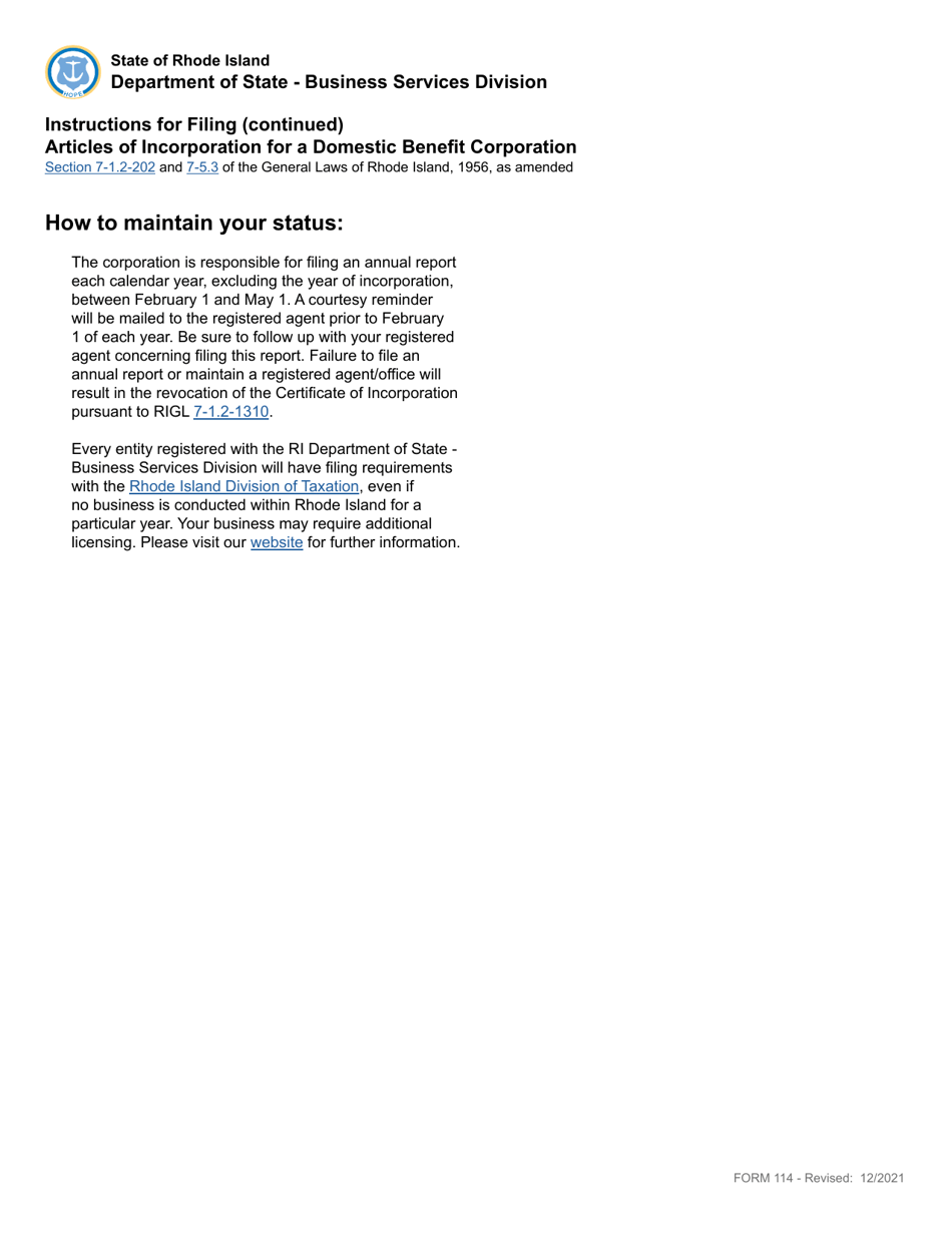 Form 114 Articles of Incorporation for a Domestic Benefit Corporation - Rhode Island, Page 2