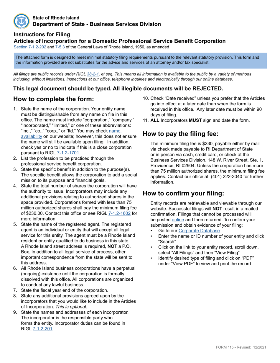 Form 115 Articles of Incorporation for a Domestic Professional Service Benefit Corporation - Rhode Island, Page 1