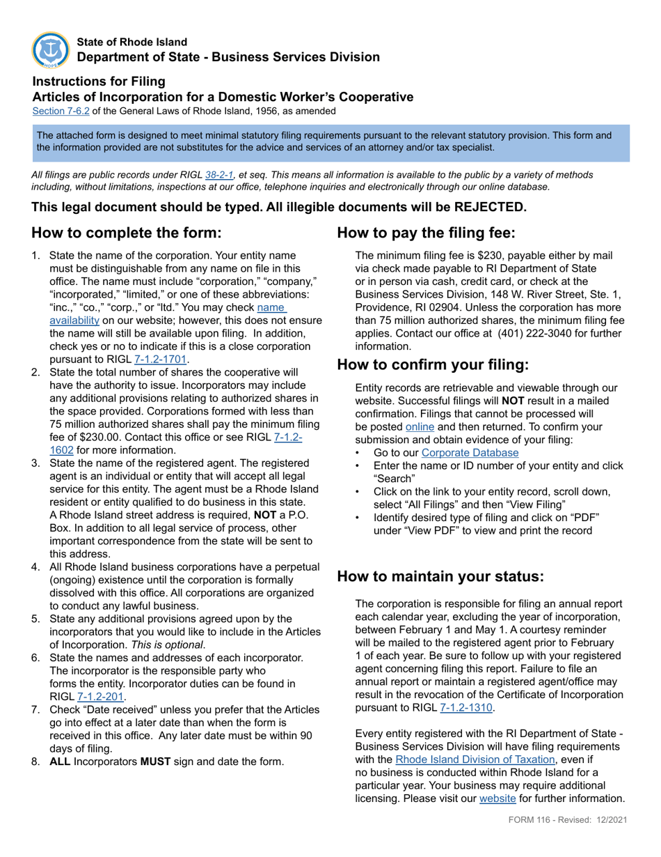 Form 116 Articles of Incorporation for a Domestic Workers Cooperative - Rhode Island, Page 1