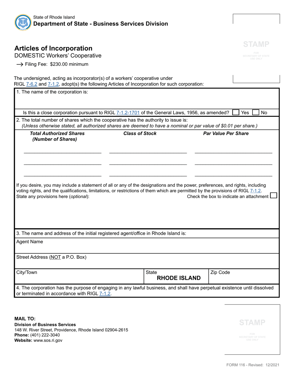 Form 116 Articles of Incorporation for a Domestic Workers Cooperative - Rhode Island, Page 2
