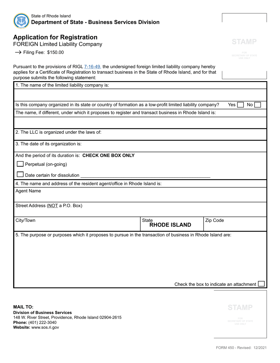 Form 450 Application for Registration for a Foreign Limited Liability Company - Rhode Island, Page 3