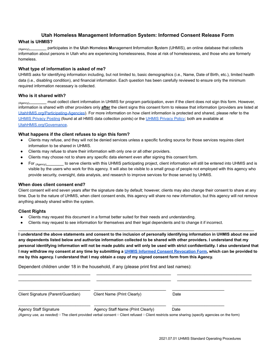 Utah Homeless Management Information System: Informed Consent Release Form - Utah, Page 1